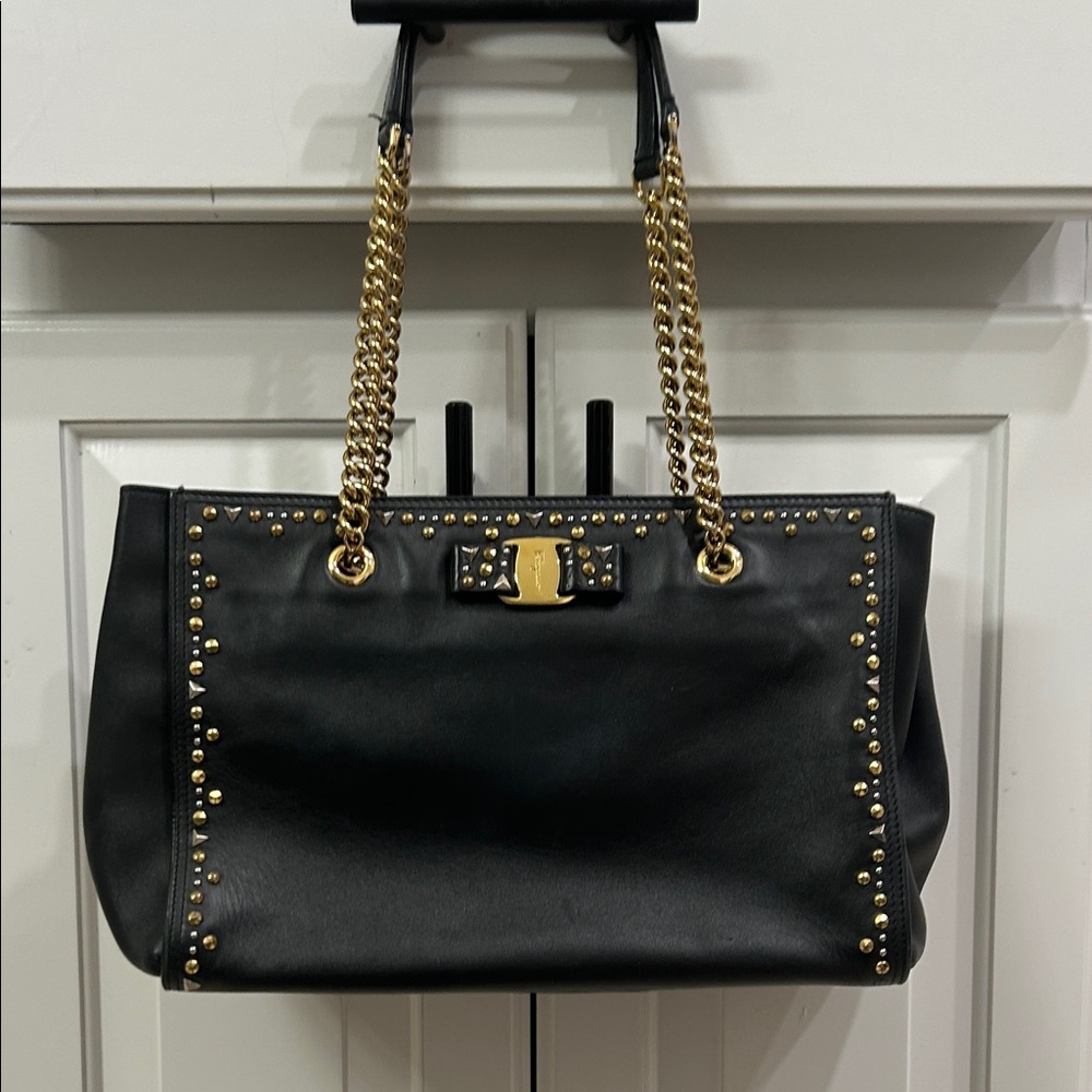 Salvatore Ferragamo Black and Gold Chain Shoulder Bag Adjustable